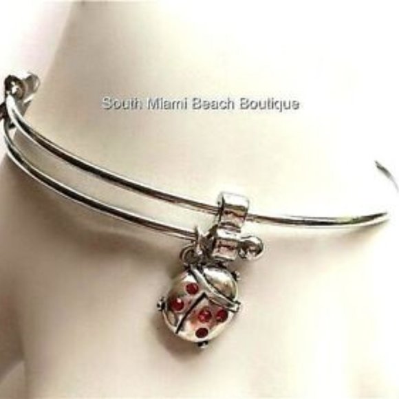 Crystal Ladybug Charm Bracelet Lady Bug Red Crystal Insect Silver Plated Bangle - Picture 3 of 8